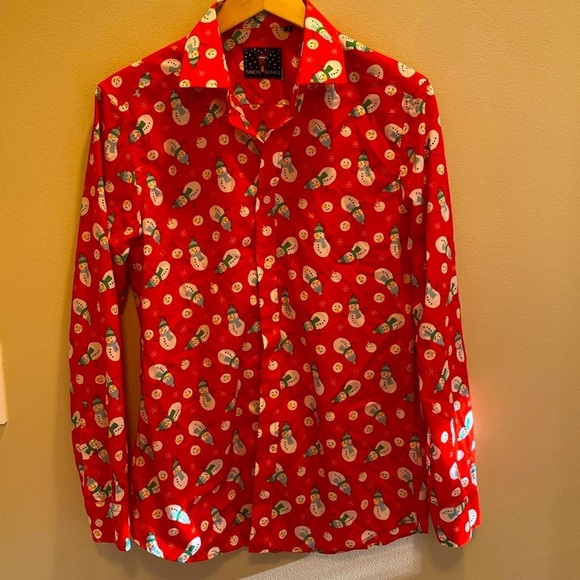 Simon Banks Festive Holidays L/S Snowman Button Down Shirt Red White Sz SMALL - Picture 3 of 9